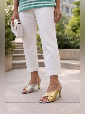 CARRANO Sage Leather Tow Tone Slide Kitten Heel Sandal